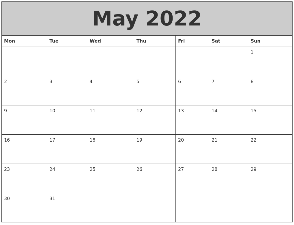 May 2022 My Calendar  Calendar 2022 January To May