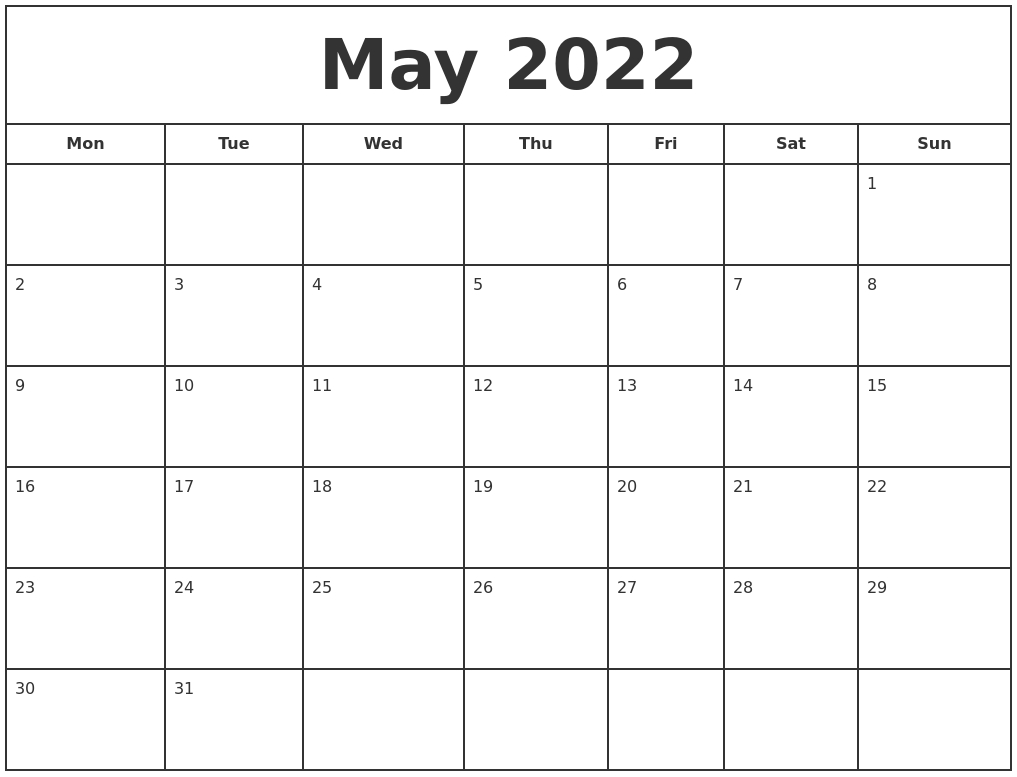 May 2022 Print Free Calendar  Calendar For May 2022 With Holidays