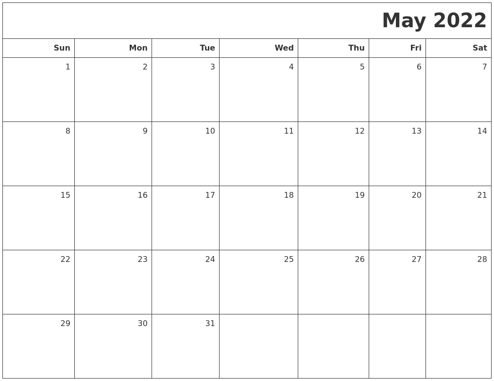 May 2022 Printable Blank Calendar  Jan To June 2022 Calendar