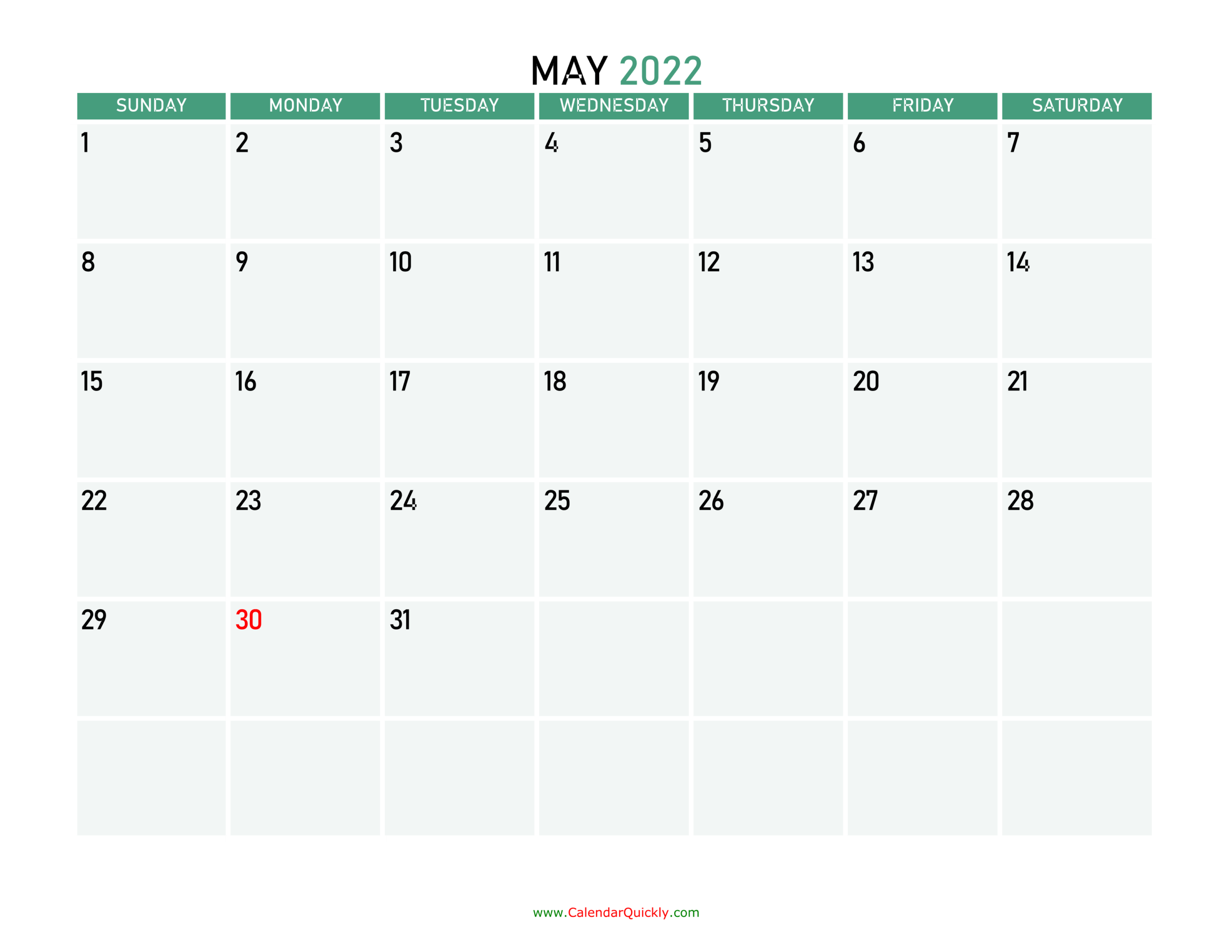 May 2022 Printable Calendar | Calendar Quickly  How Many Weeks From April 2022 To March 2022