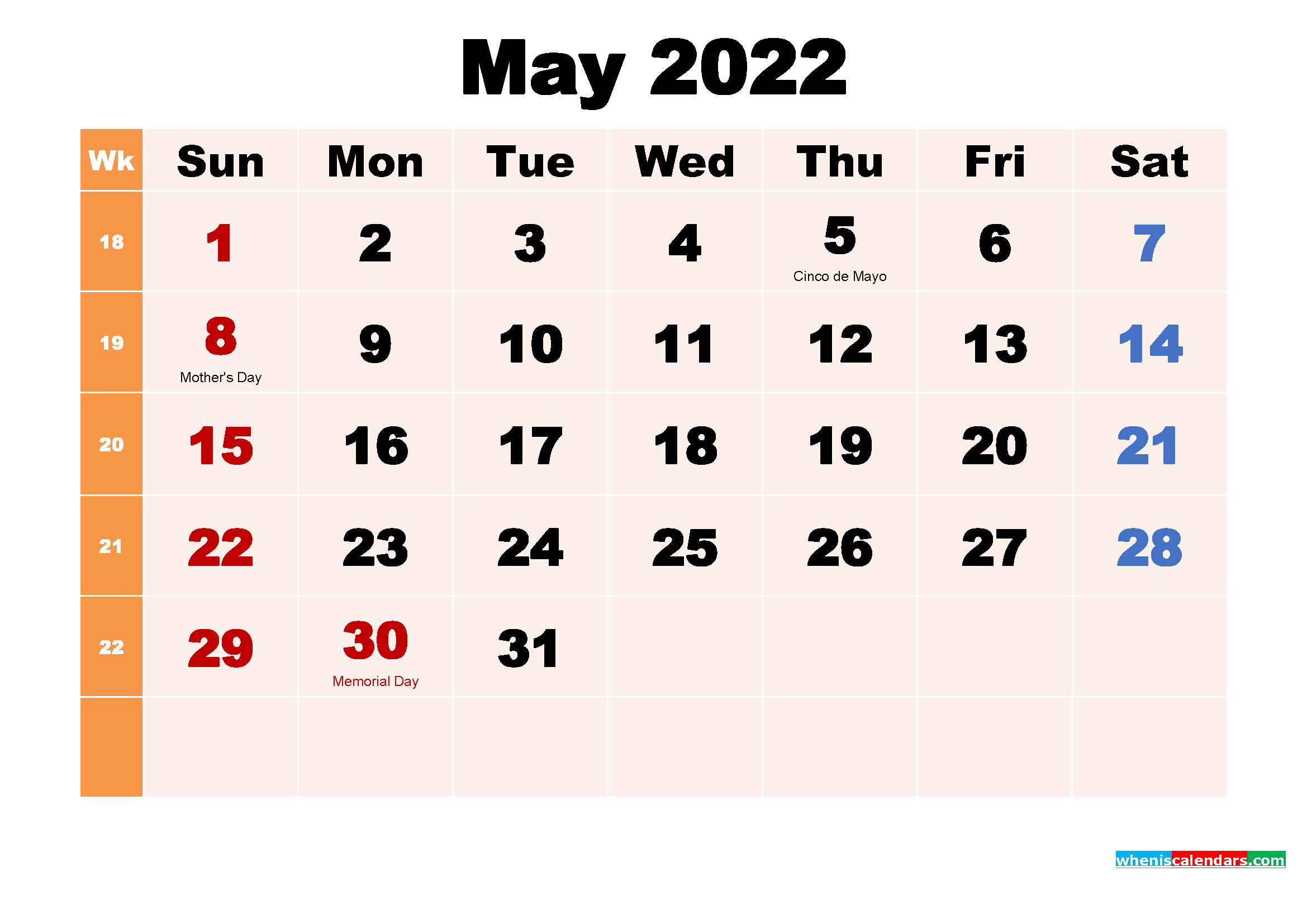 May 2022 Printable Calendar With Holidays Word, Pdf  Calendar 2022 Download Word