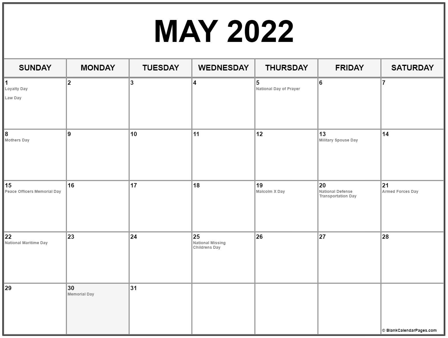 May 2022 With Holidays Calendar  Federal Holiday Calendar For 2022