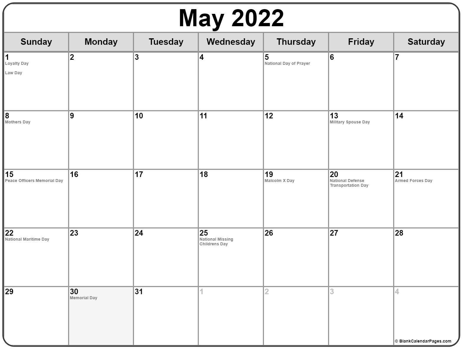 May 2022 With Holidays Calendar  Printable Calendar 2022 May