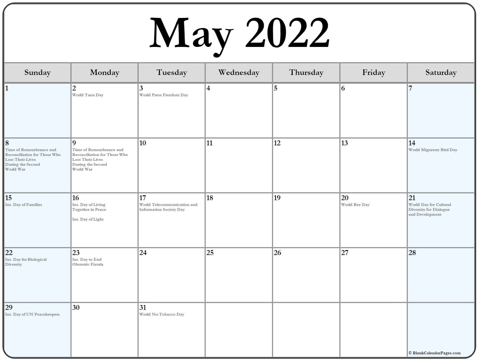 May 2022 With Holidays Calendar  Printable Calendar 2022 Usa