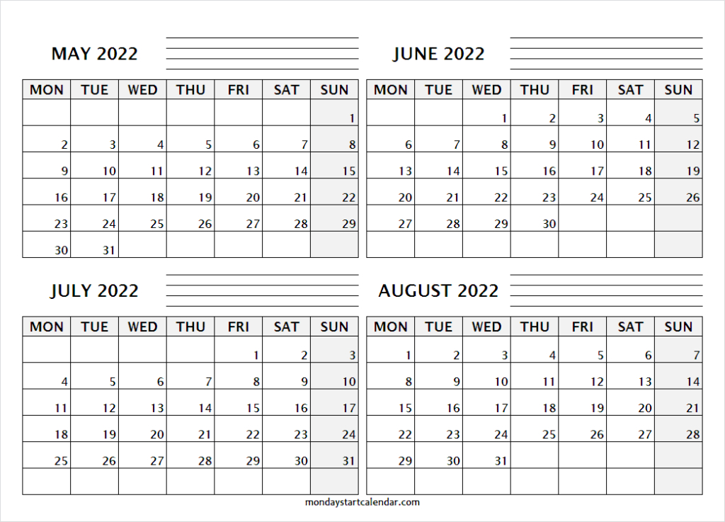 May June July August Calendar 2022 - Free Printable  Printable Calendar 2022 June July August