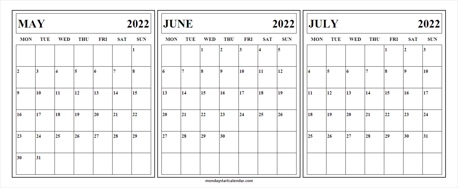 May June July Calendar 2022 Printable - Free May To July  Free Printable Calendar July 2022 To June 2022