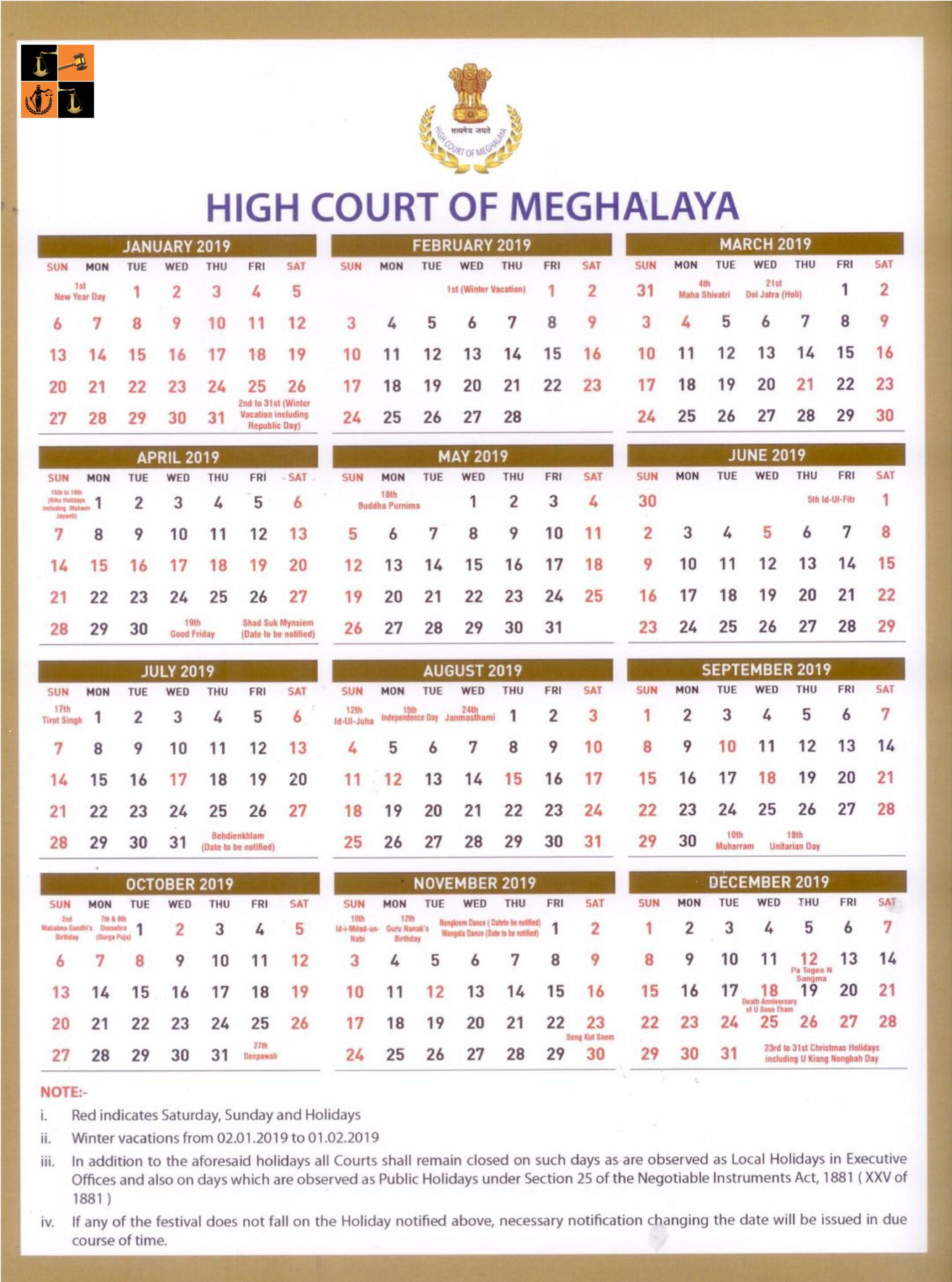 Meghalaya High Court Calendar 2020  Delhi High Court Calendar For 2022