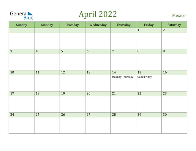 Mexico April 2022 Calendar With Holidays  Jan - April 2022 Calendar
