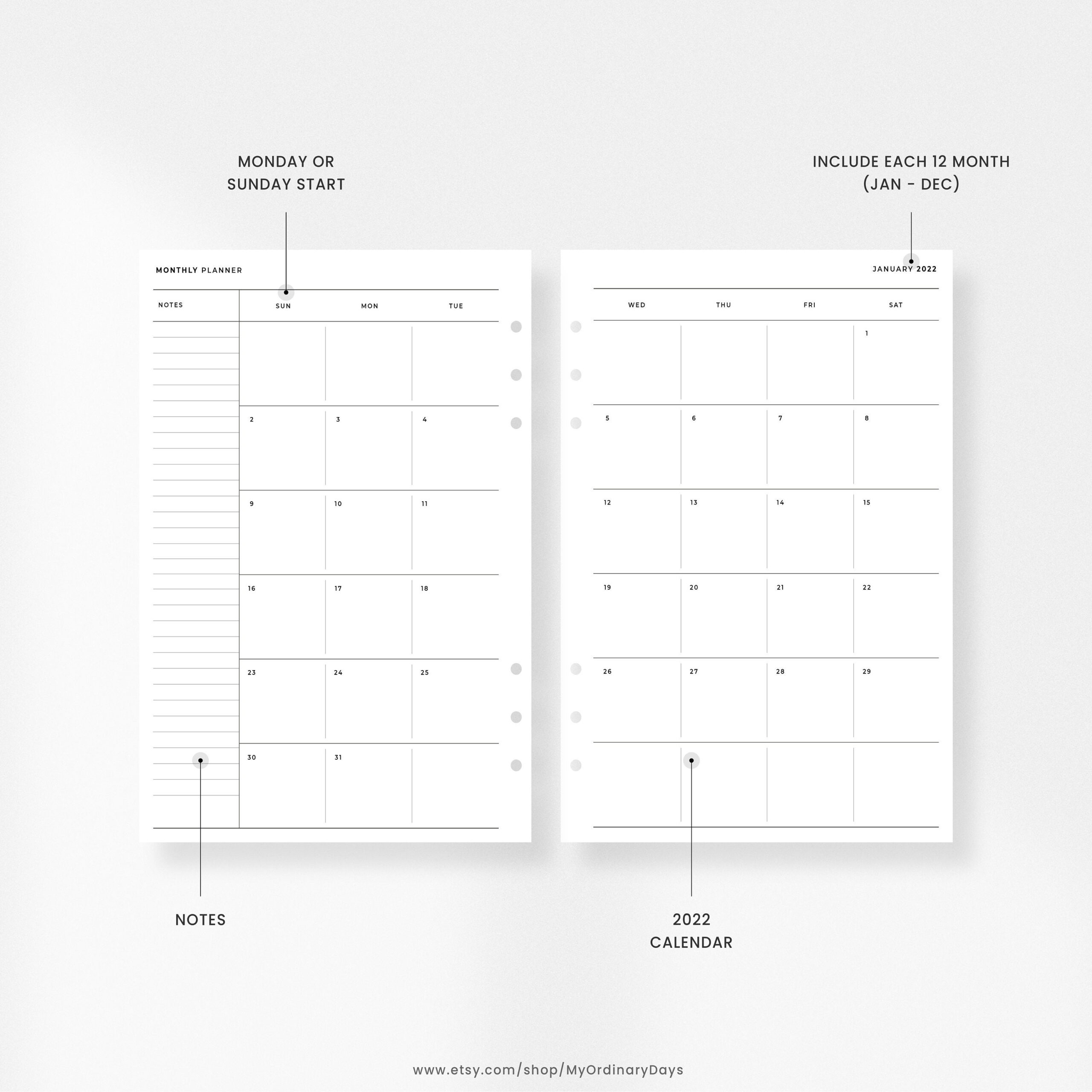 Minimalist 2022 Calendar Printable A5 Insert 24 Pages L  2022 Calendar Printable A5