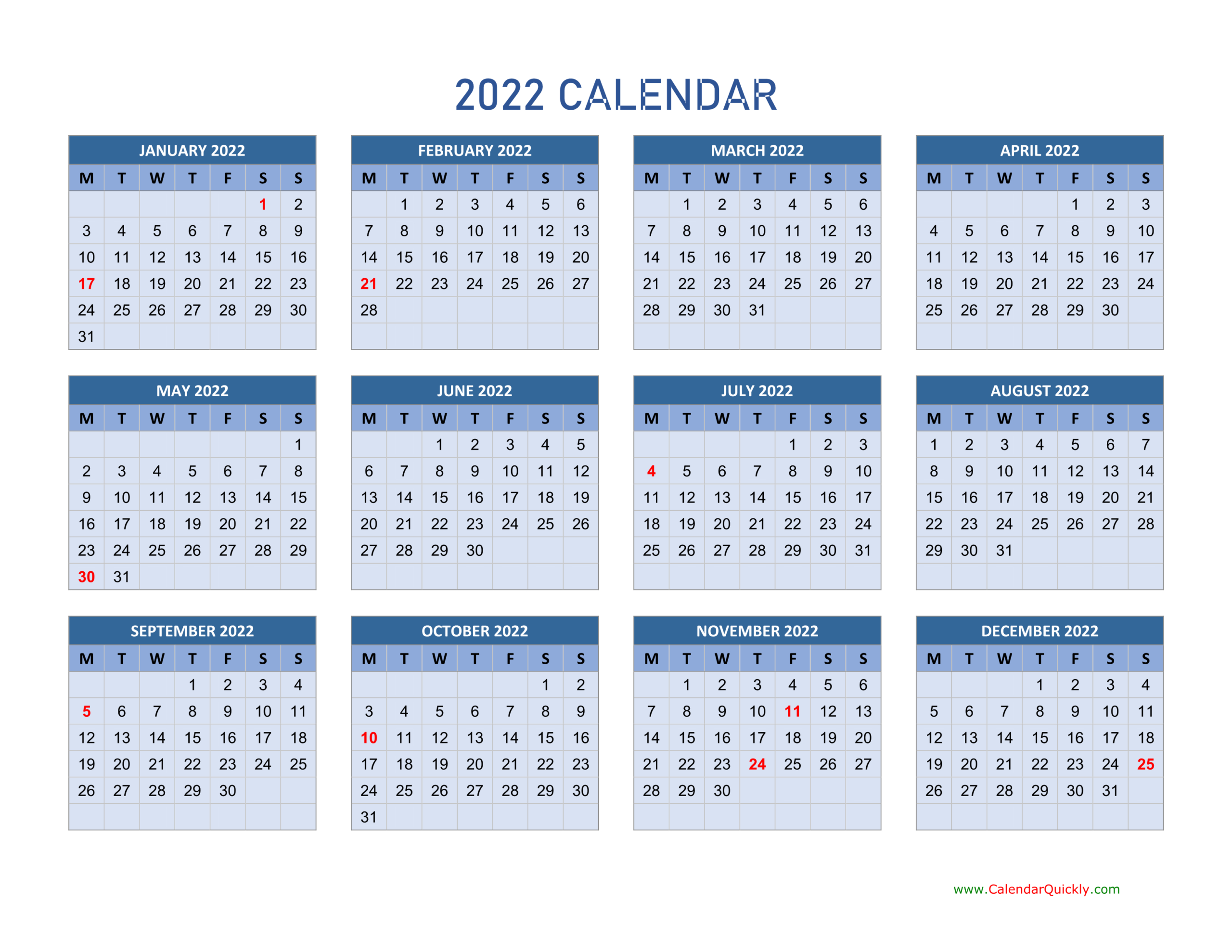 Monday 2022 Calendar Horizontal | Calendar Quickly  Free Printable Calendar Sheets 2022