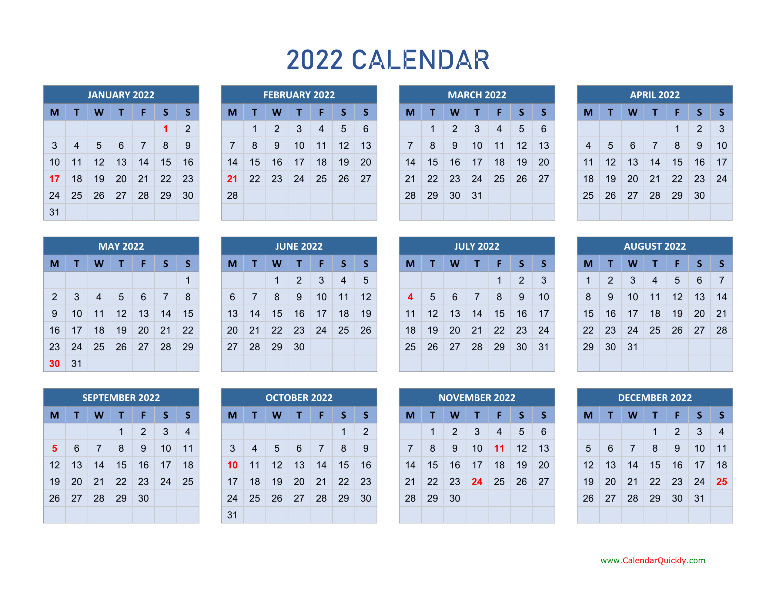 Monday 2022 Calendar Horizontal | Calendar Quickly  Printable Calendar 2022 Single Page