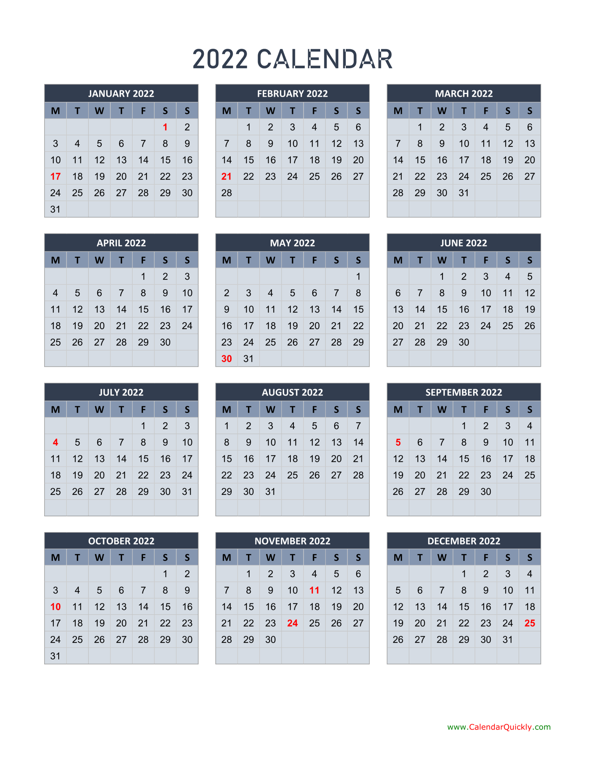 Monday 2022 Calendar Vertical | Calendar Quickly  2022 Calendar Printable Vertical
