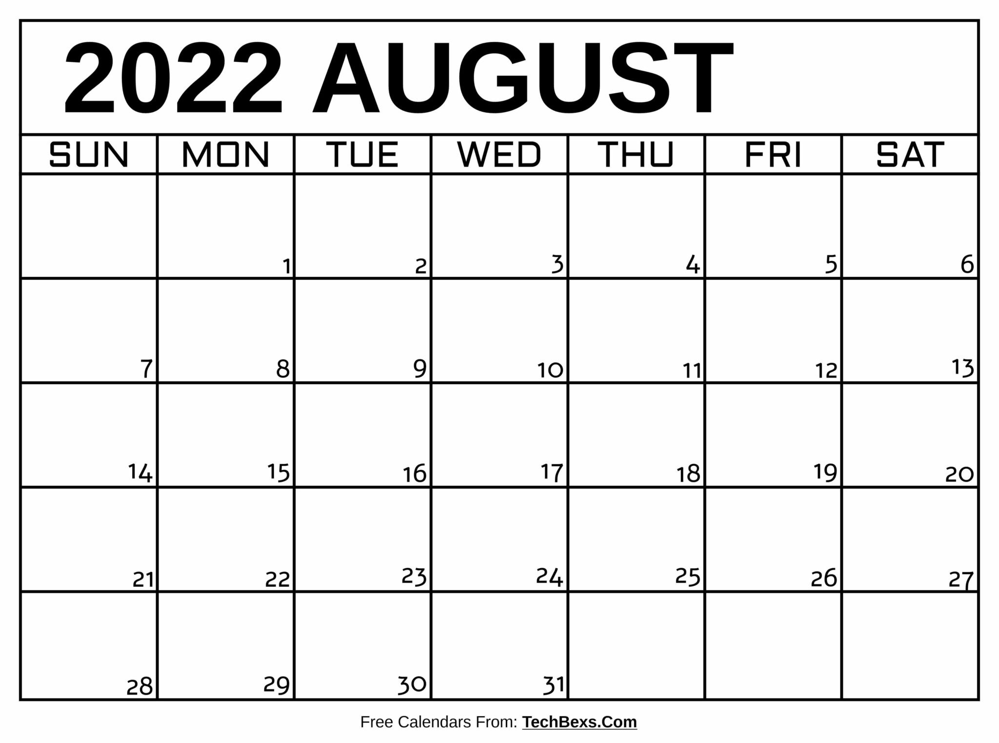 Monthly August 2022 Calendar Template - 2022 Calendars For  August 2022 To July 2022 Calendar Printable