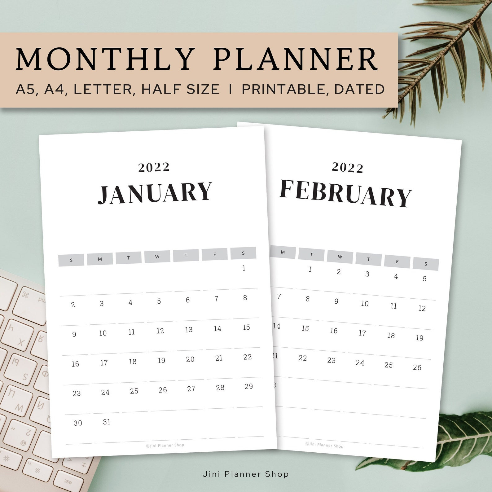 Monthly Calendar Printable L 2021-2022 Dated L A5 A4  2022 Calendar Printable A5