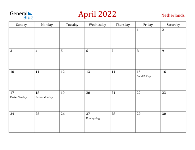 Netherlands April 2022 Calendar With Holidays  Calendar 2022 January Through April