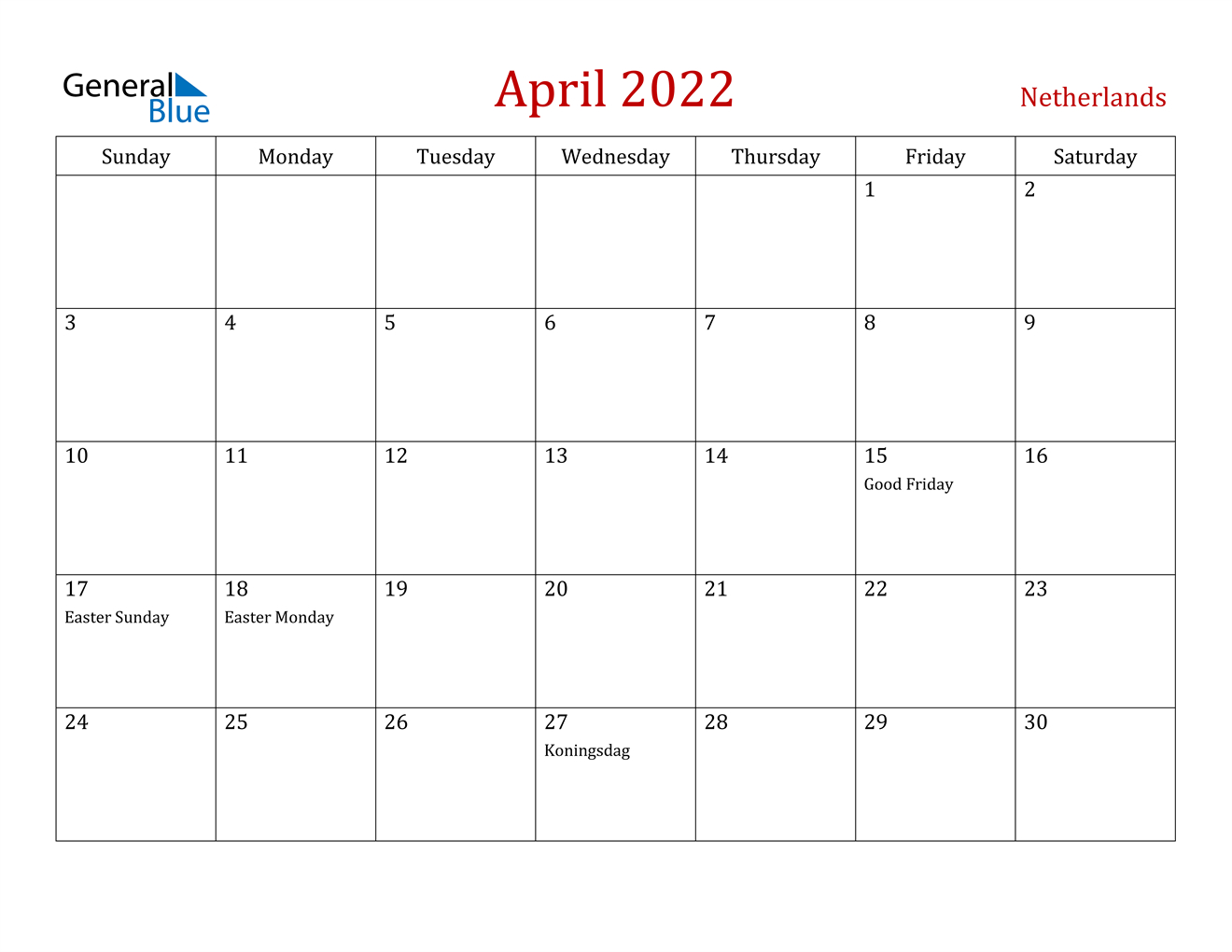 Netherlands April 2022 Calendar With Holidays  Calendar For 2022 April
