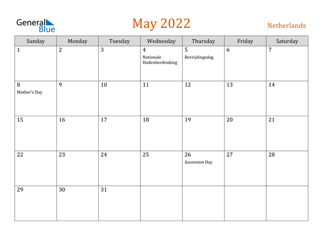 Netherlands May 2022 Calendar With Holidays  Iitm Calendar Jan-May 2022