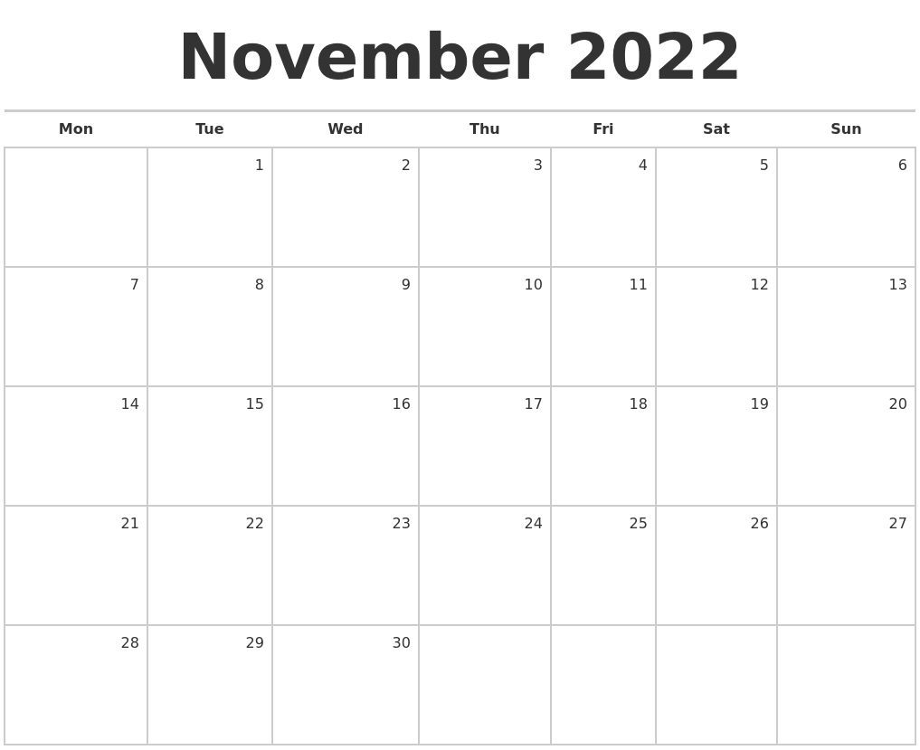 November 2022 Blank Monthly Calendar  Calendar For October November December 2022 And January 2022
