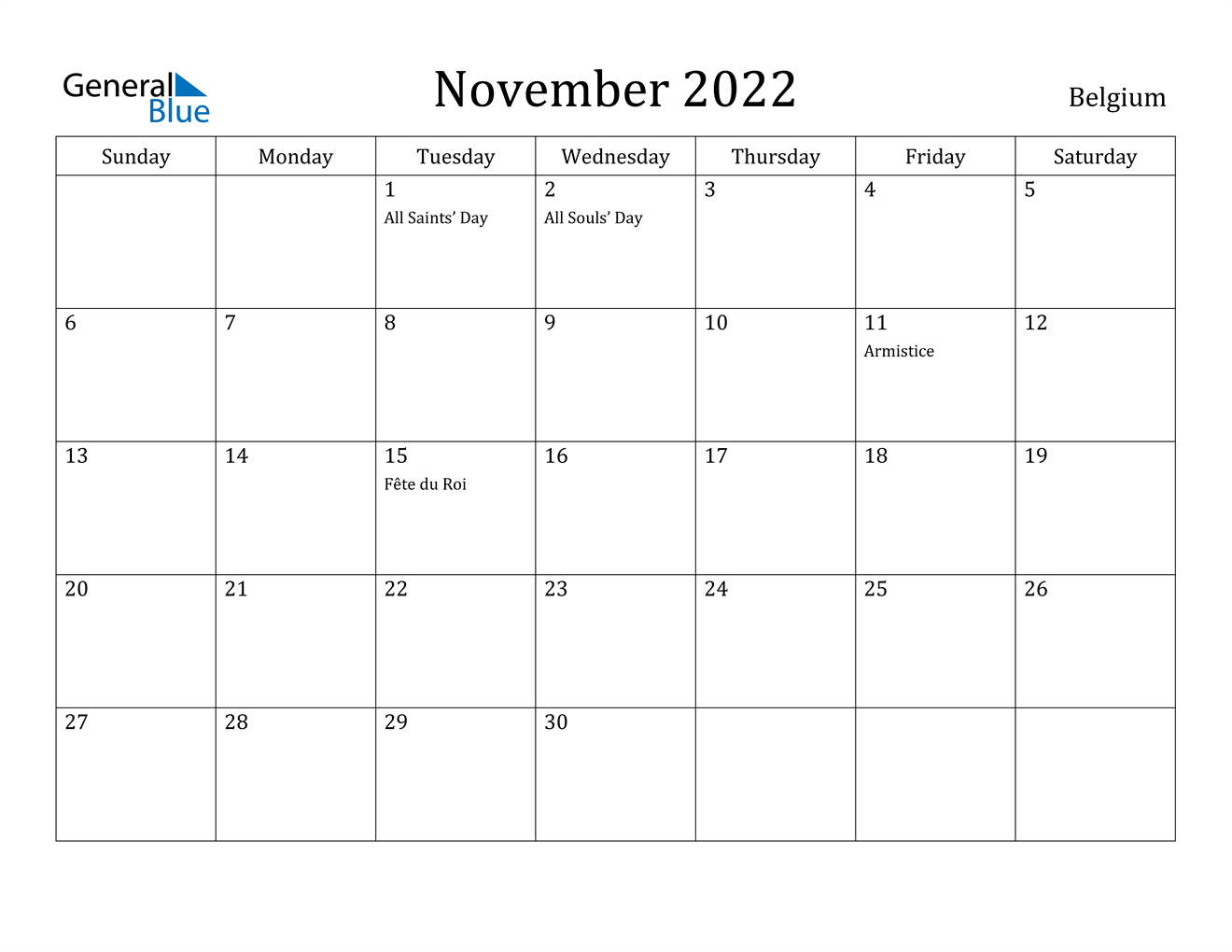 November 2022 Calendar - Belgium  Calendar Of November 2022