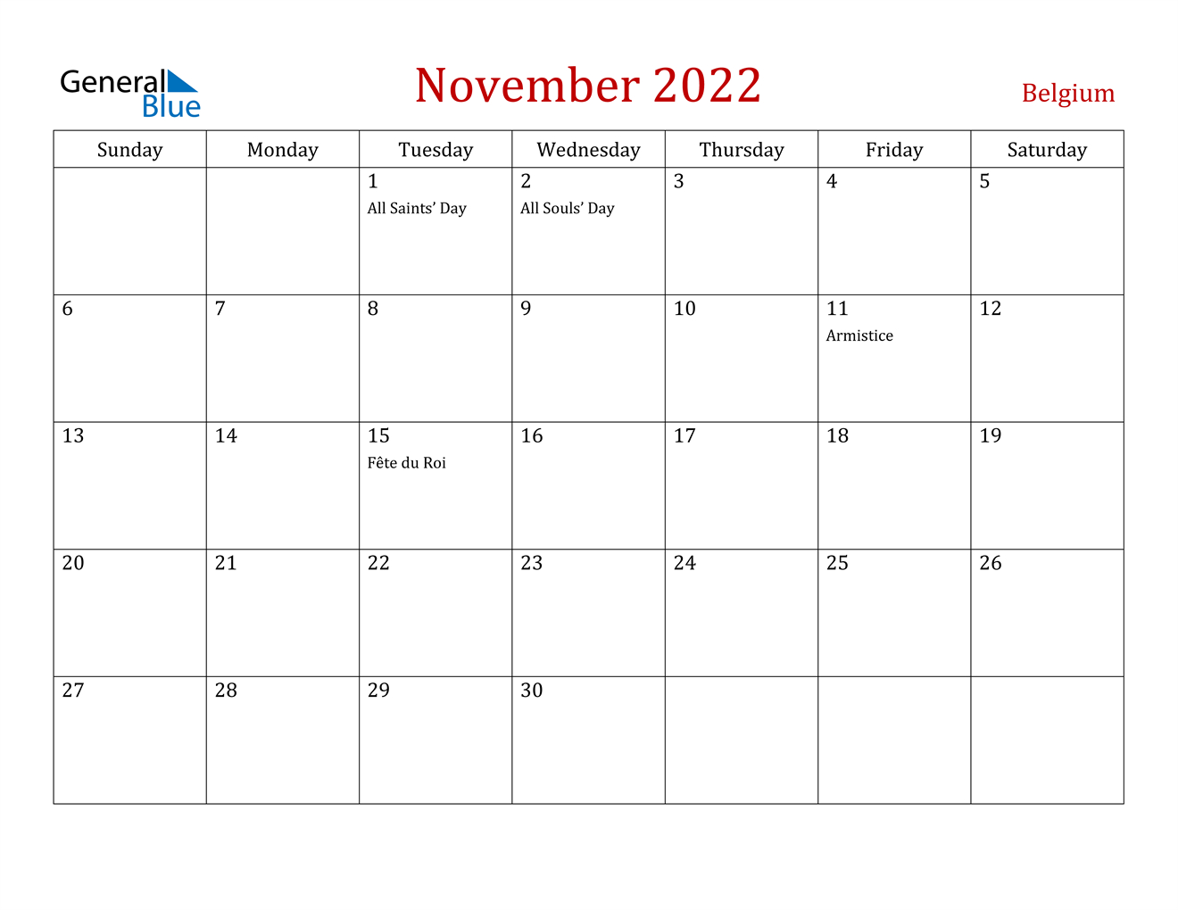 November 2022 Calendar - Belgium  November December January 2022 Calendar
