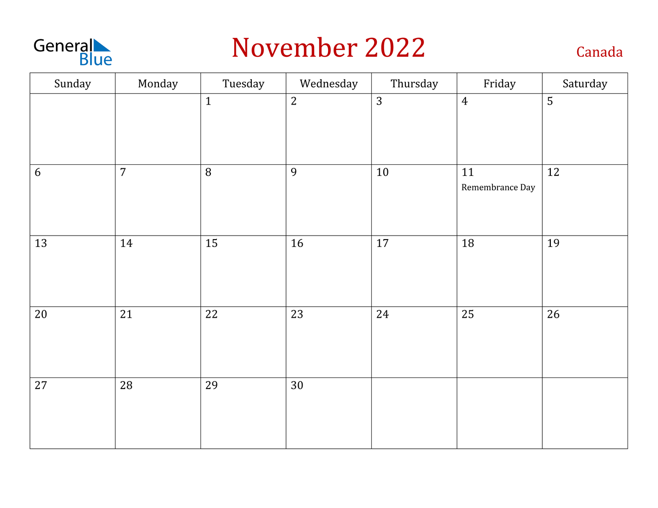 November 2022 Calendar - Canada  Free Printable Calendar 2022 November
