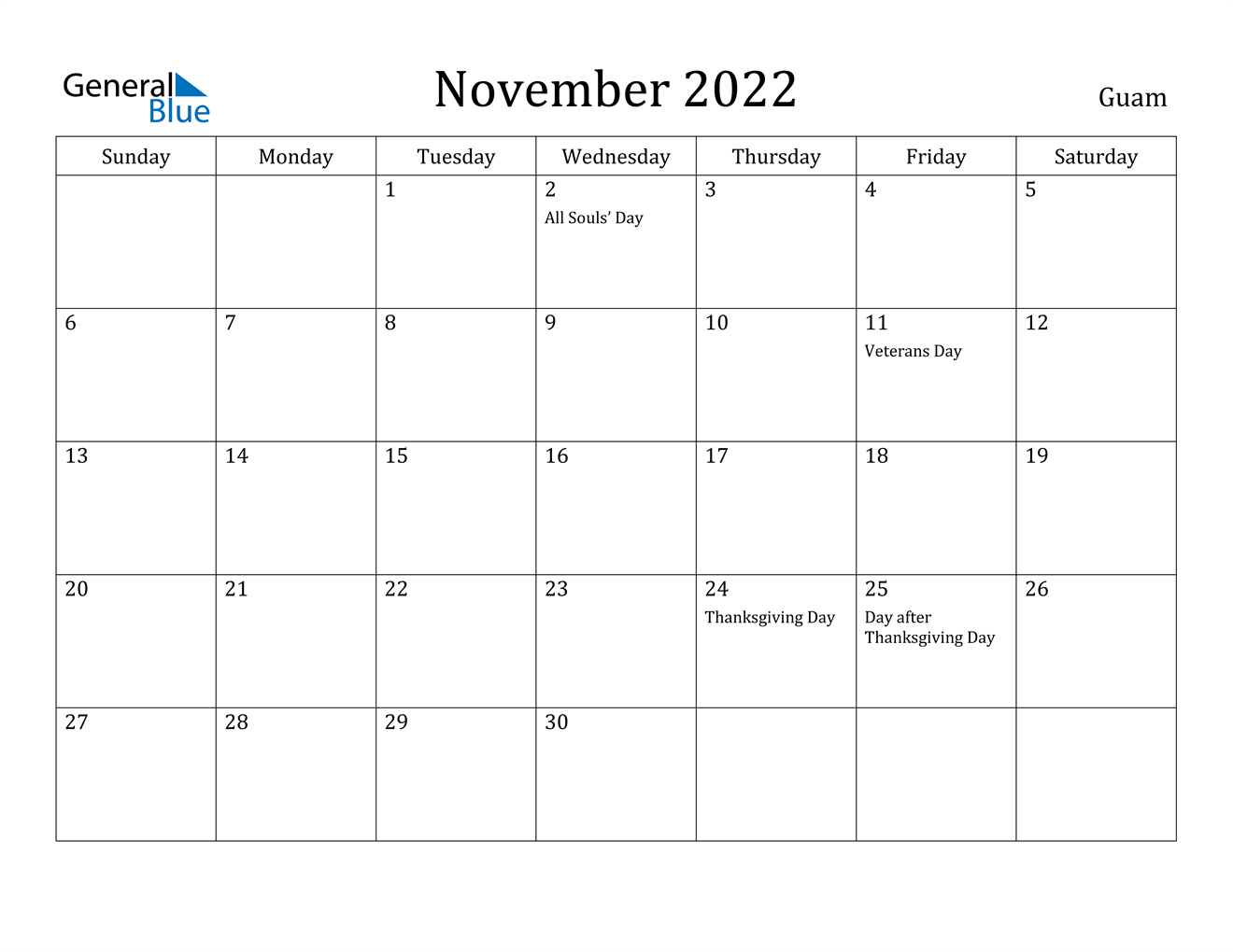 November 2022 Calendar - Guam  November To January 2022 Calendar