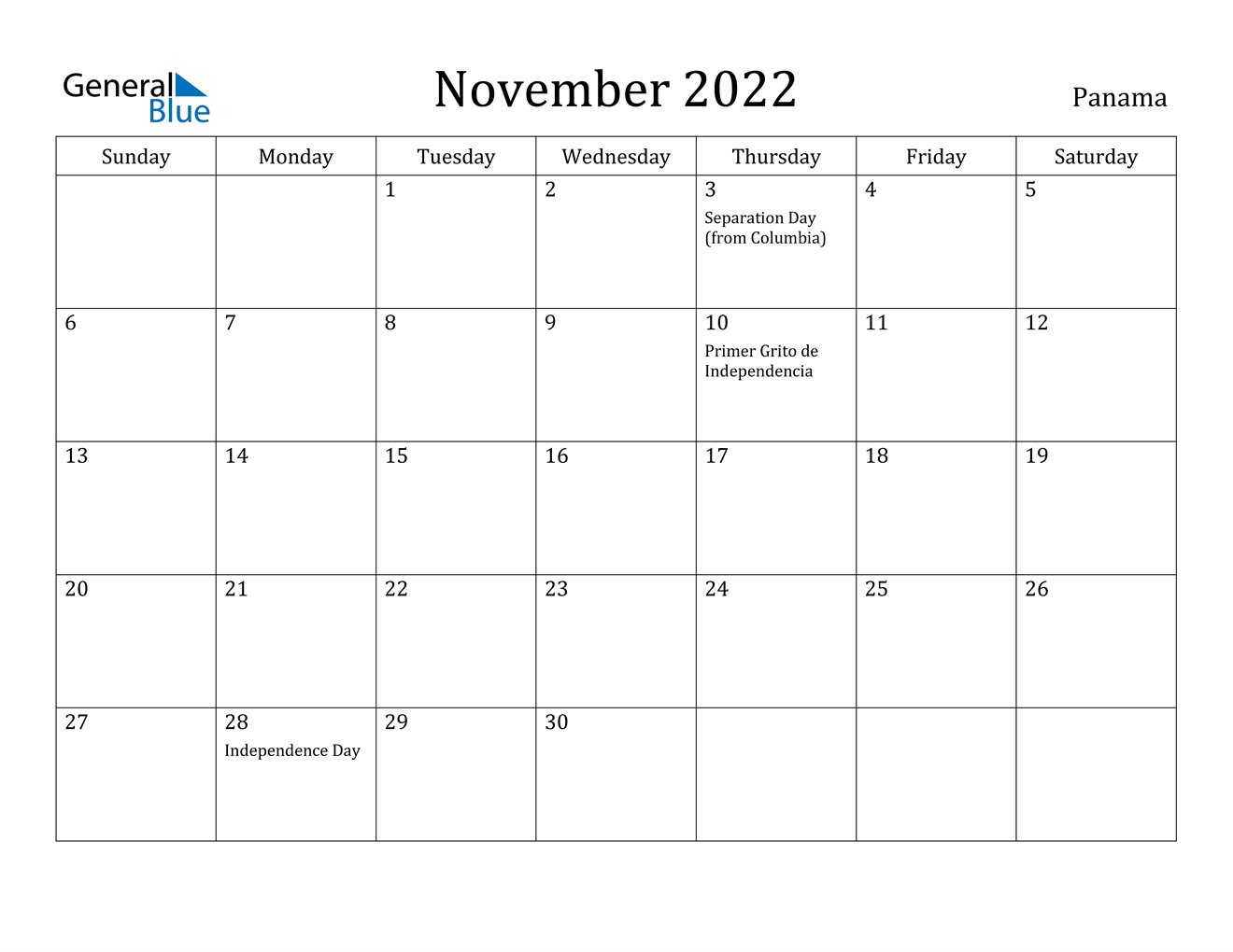 November 2022 Calendar - Panama  November And December 2022 Calendar