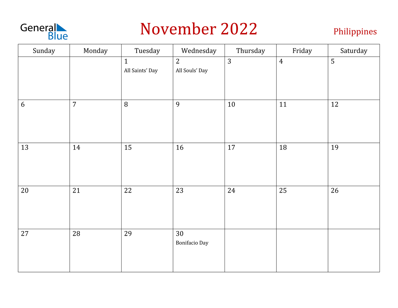 November 2022 Calendar - Philippines  Printable November 2022 Calendar