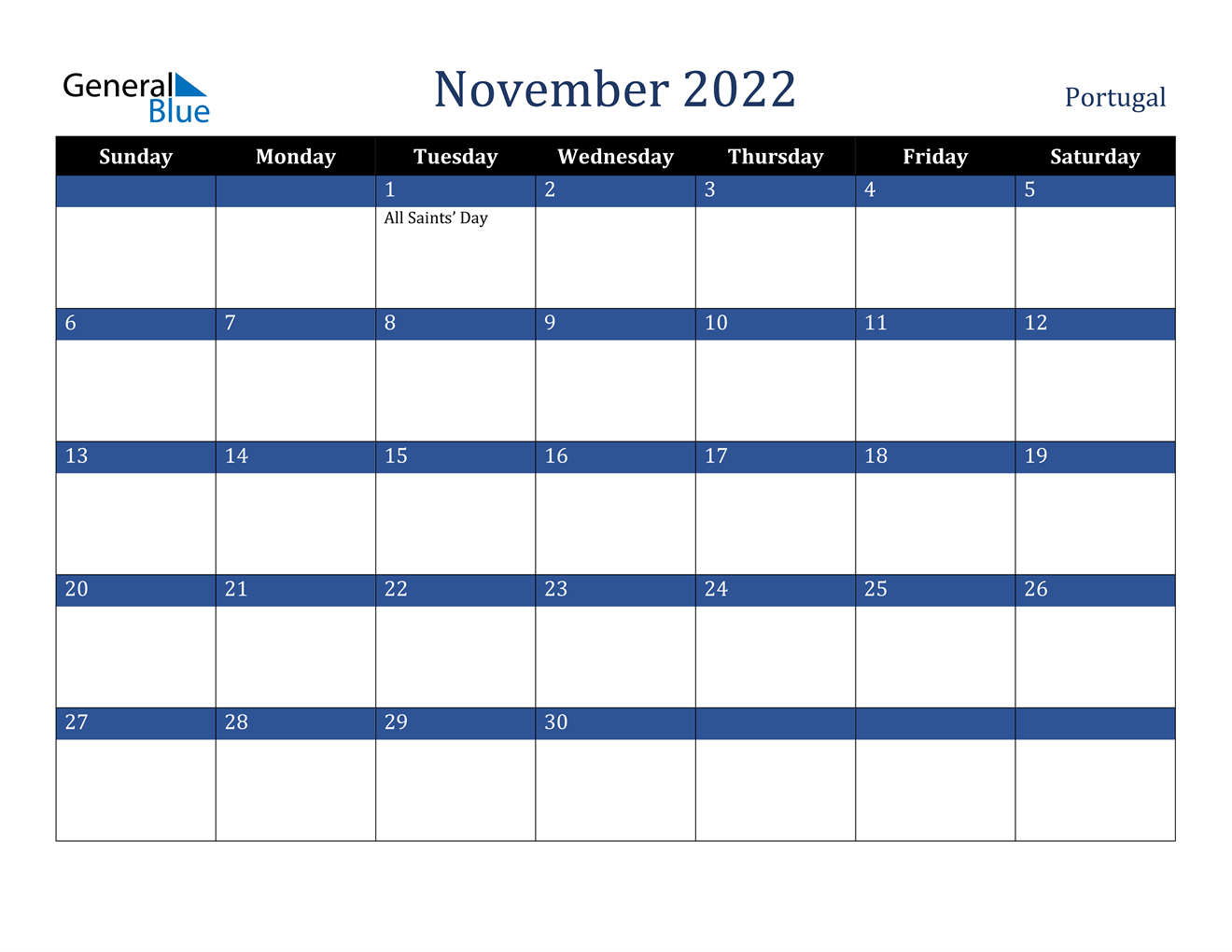 November 2022 Calendar - Portugal  Printable November 2022 Calendar