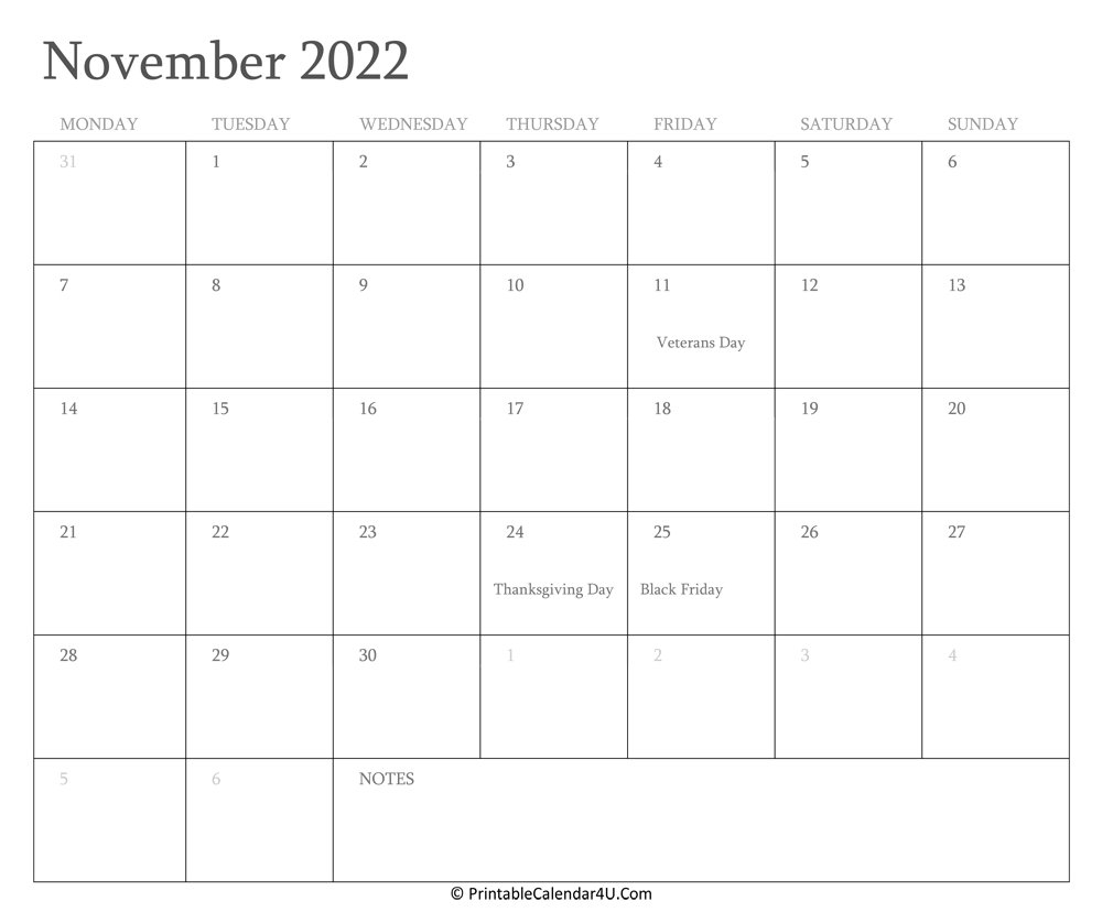November 2022 Calendar Printable With Holidays  Calendar Of November 2022