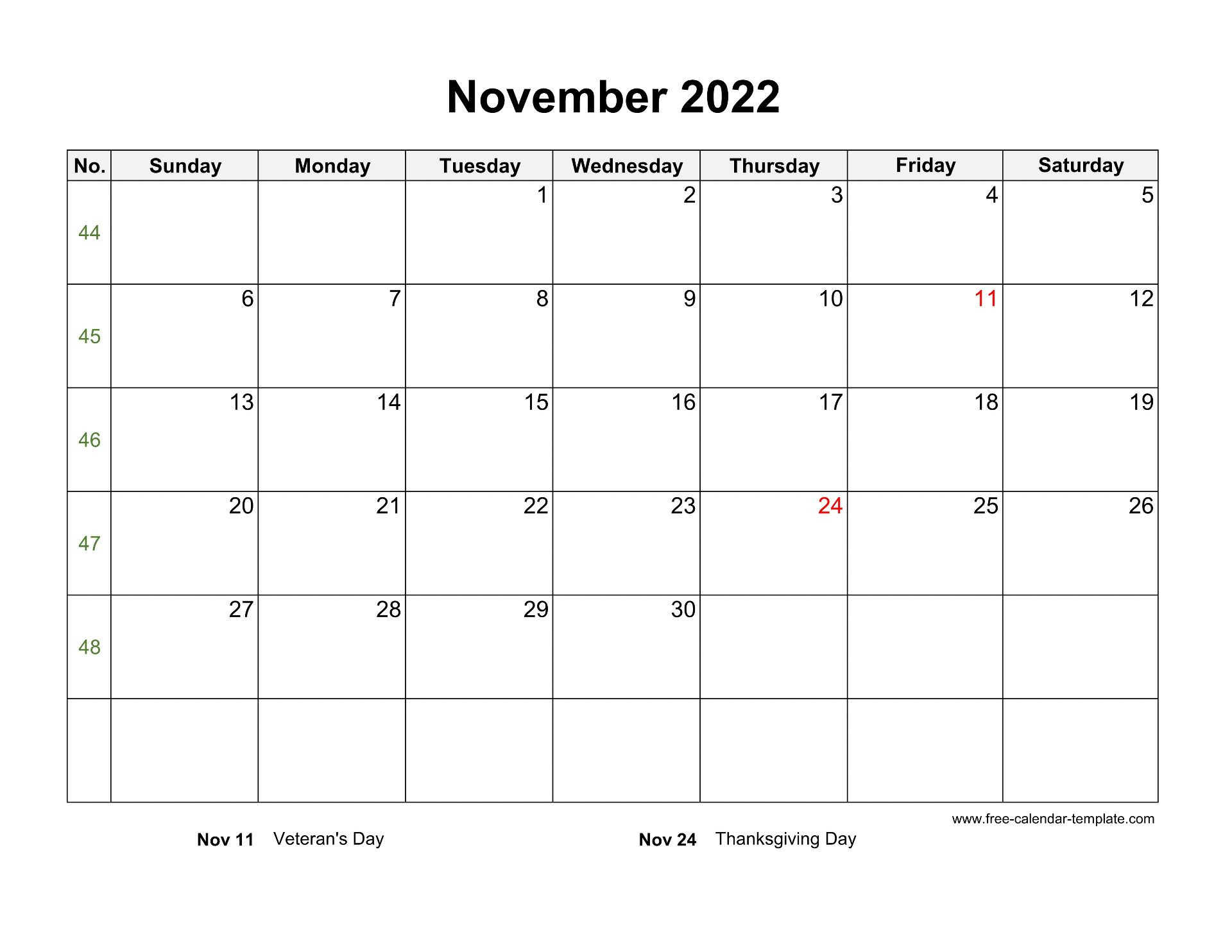 November 2022 Free Calendar Tempplate | Free-Calendar  Printable November 2022 Calendar