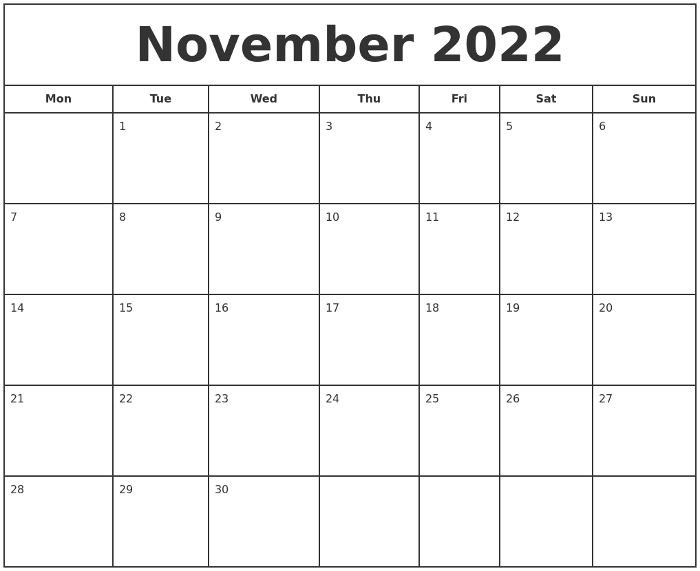 November 2022 Print Free Calendar  November 2022 To June 2022 Calendar
