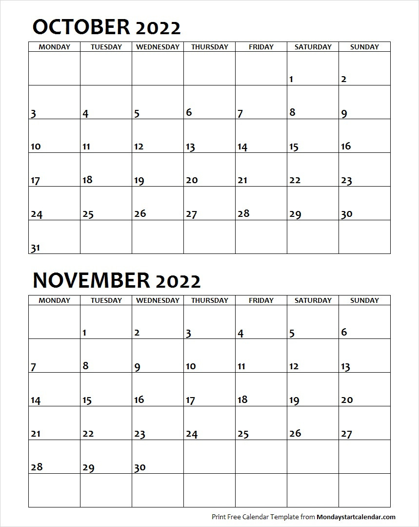 Oct Nov 2022 Calendar Monday Start | Editable Two Months  November 2022 Calendar Editable