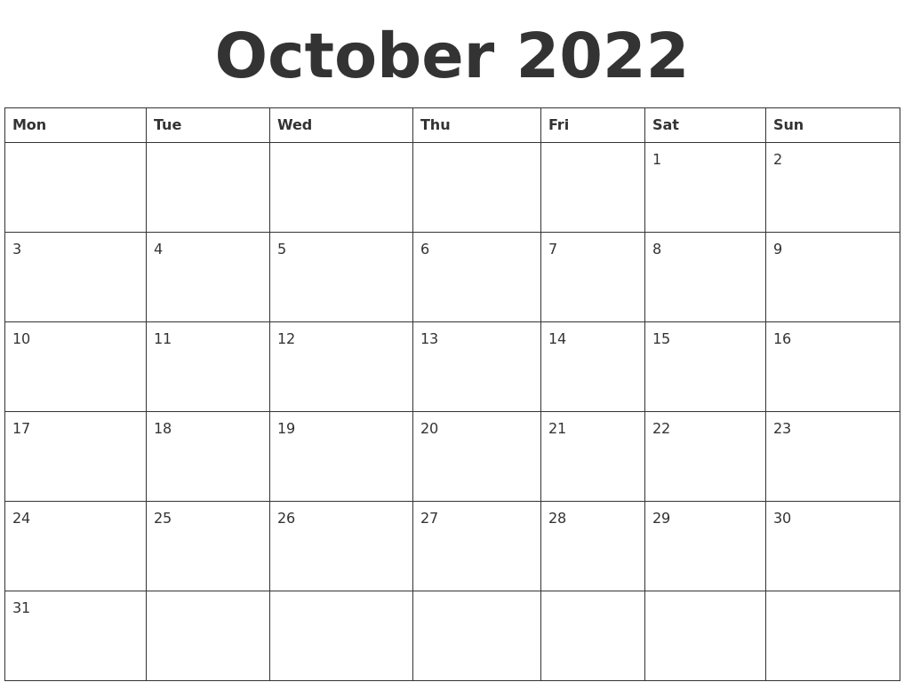 October 2022 Blank Calendar Template  Calendar October 2022 To February 2022