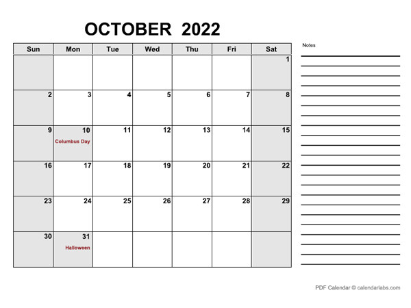 October 2022 Calendar | Calendarlabs  Printable Calendar 2022 Calendarlabs