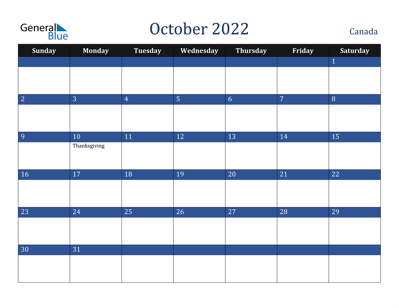 October 2022 Calendar - Canada  Free Printable October 2022 Calendar