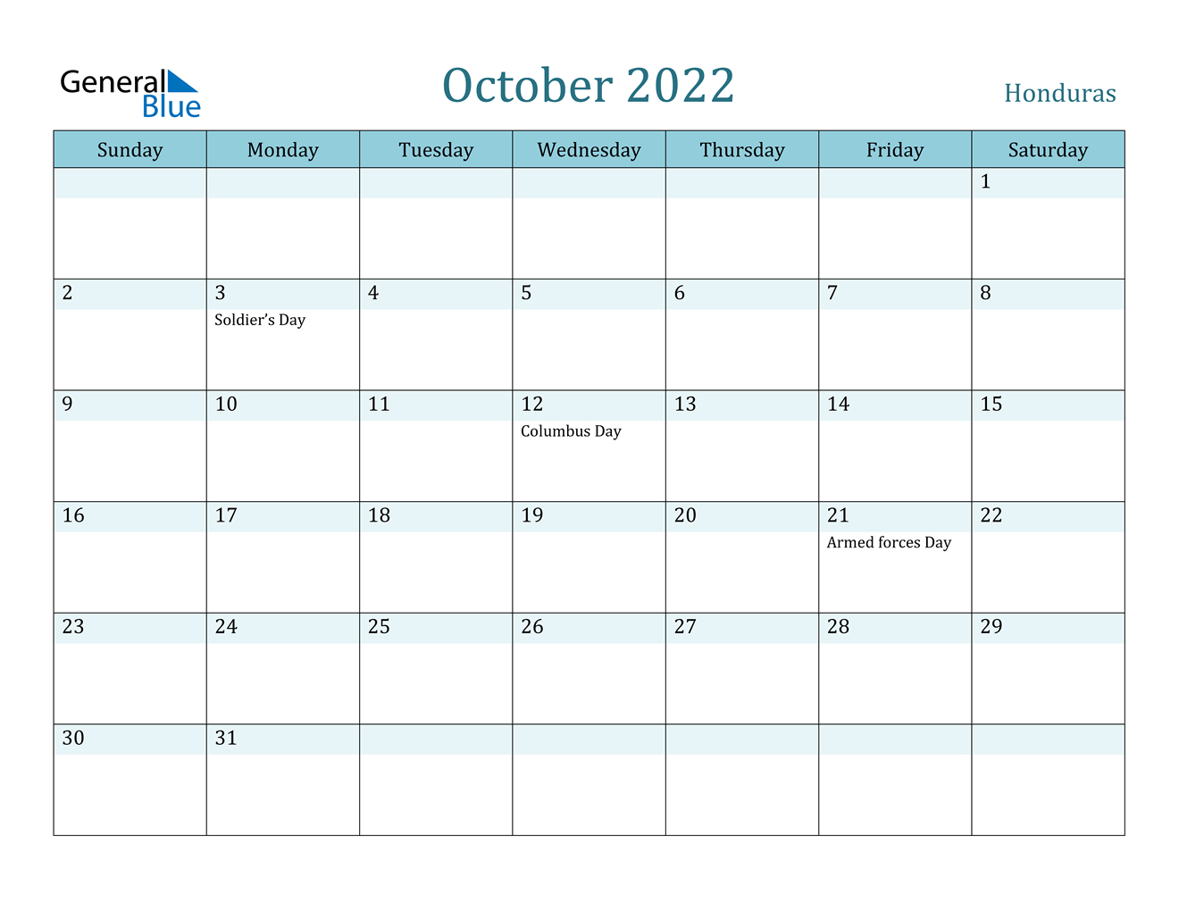 October 2022 Calendar - Honduras  Calendar October 2022 To February 2022