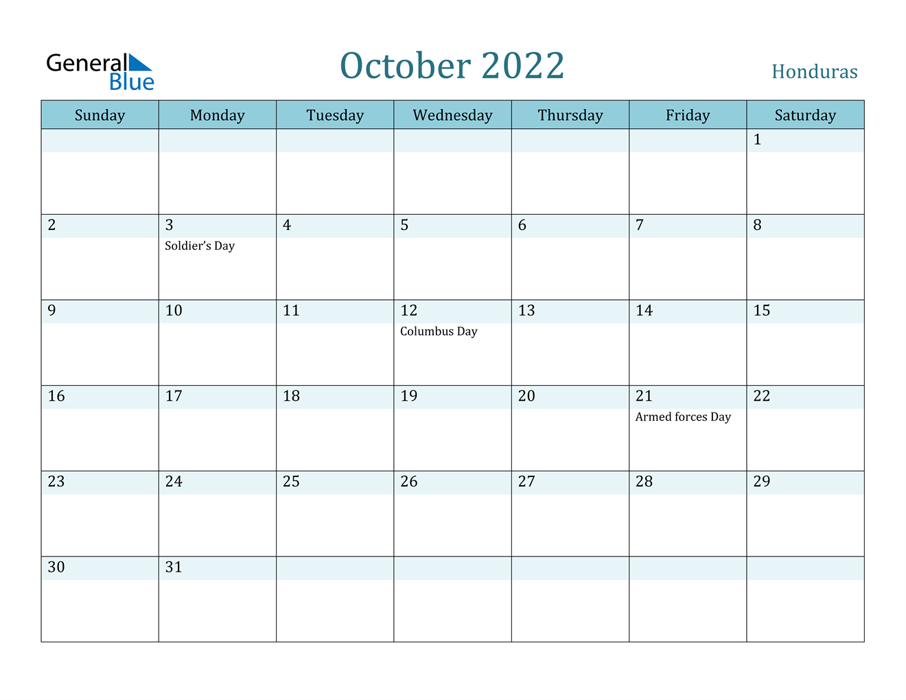 October 2022 Calendar - Honduras  Free Printable October 2022 Calendar