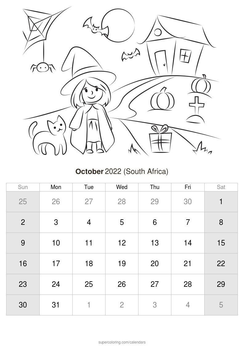 October 2022 Calendar - South Africa  Free Printable 2022 Calendar With Holidays South Africa