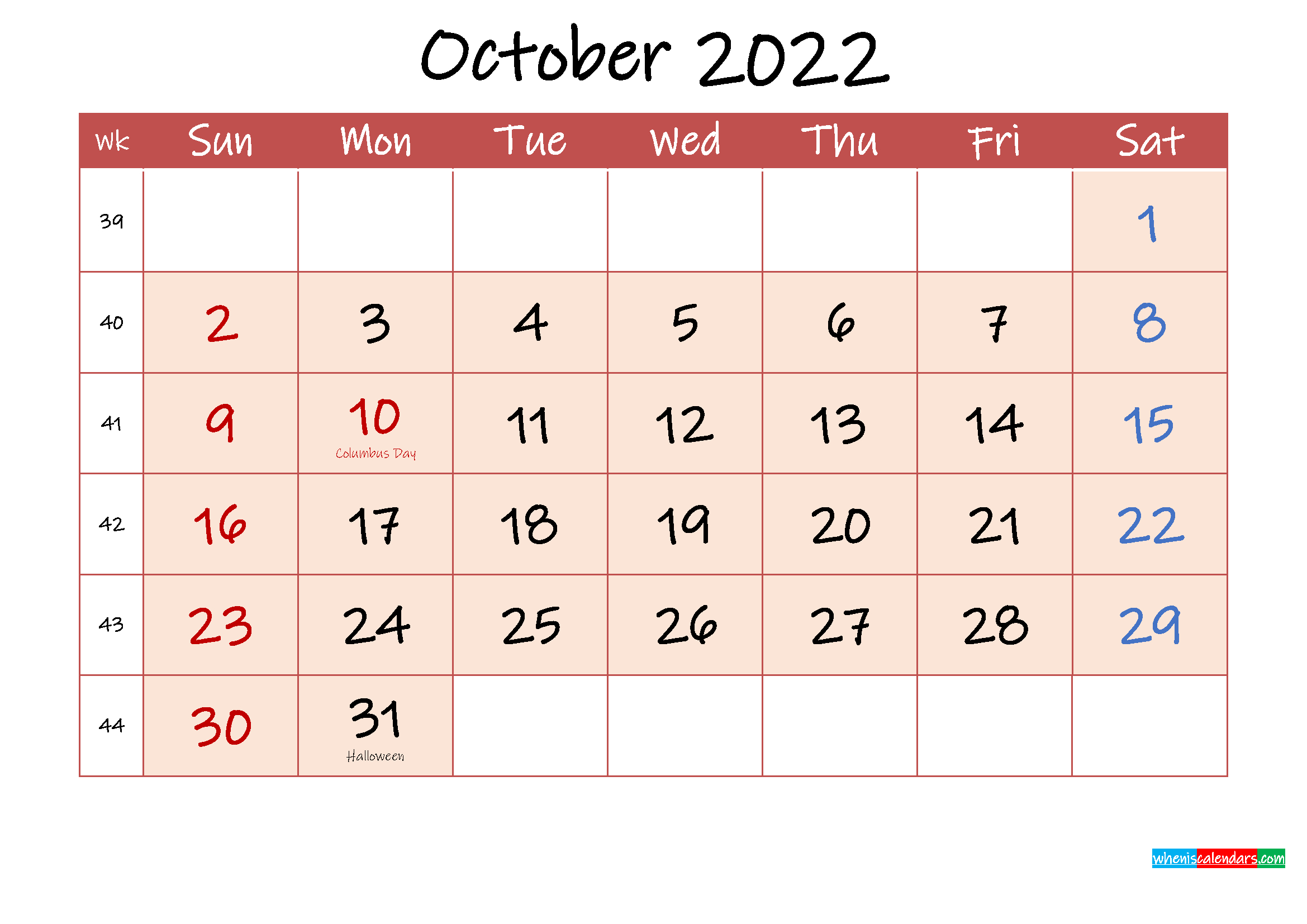 October 2022 Free Printable Calendar With Holidays  Free Printable October 2022 Calendar