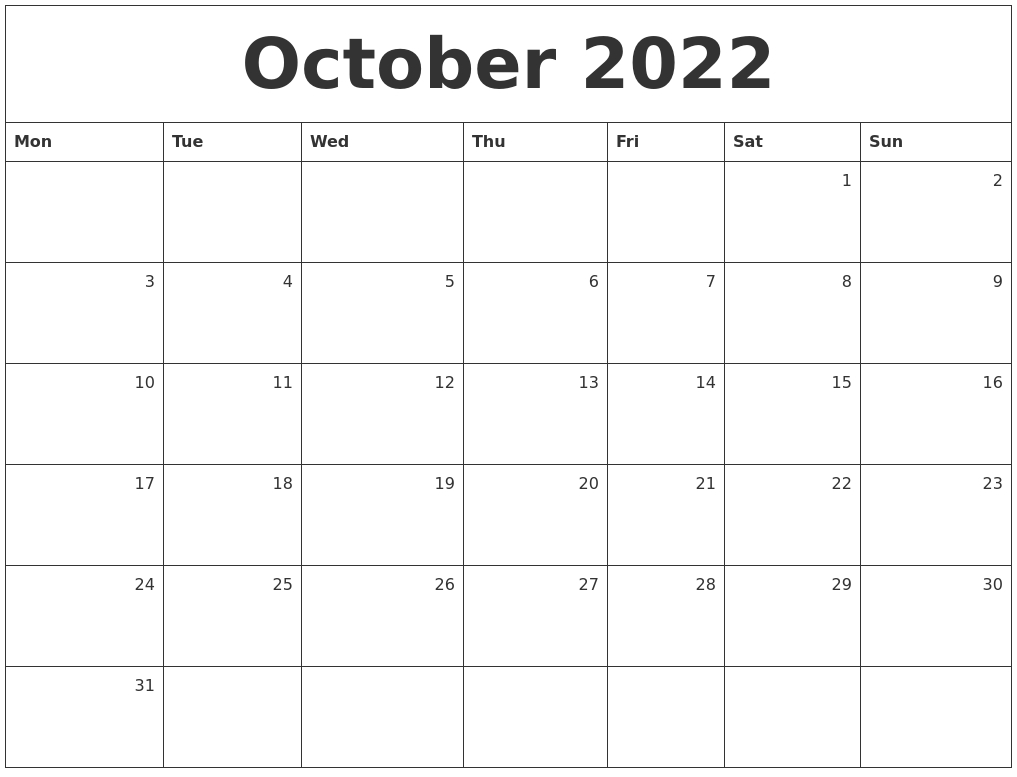 October 2022 Monthly Calendar  Calendar October 2022 To February 2022