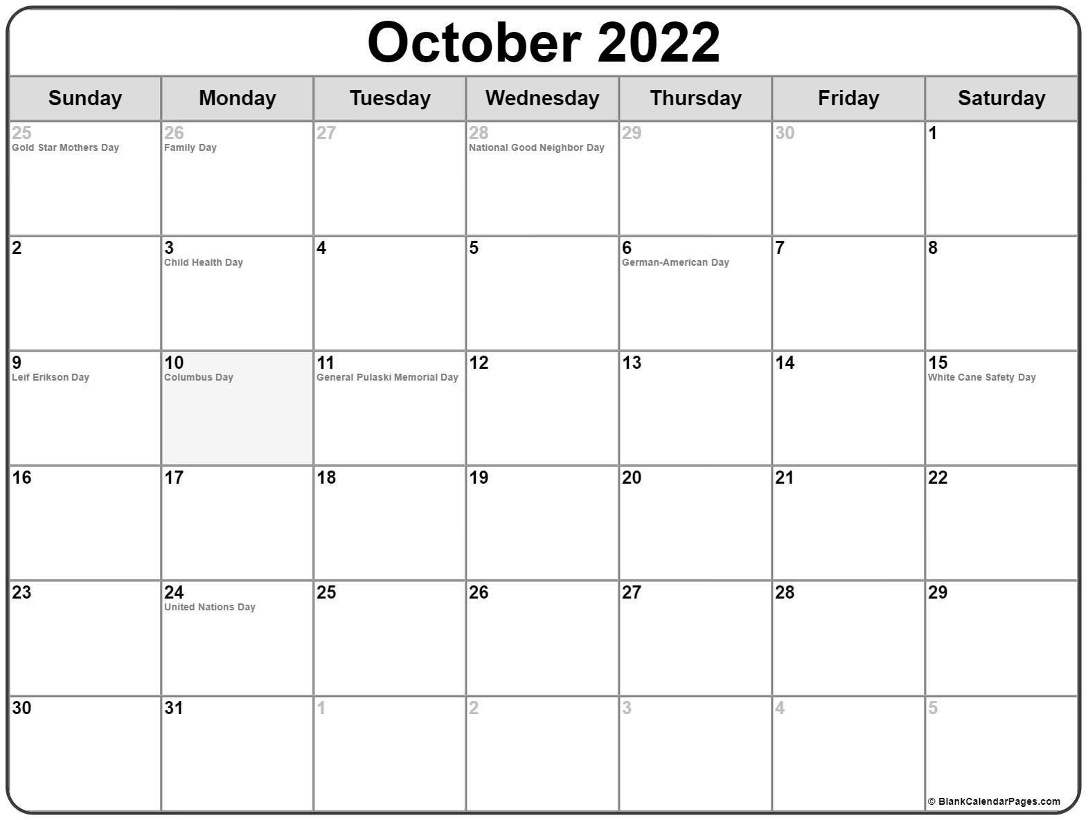 October 2022 With Holidays Calendar  Calendar October 2022 To February 2022