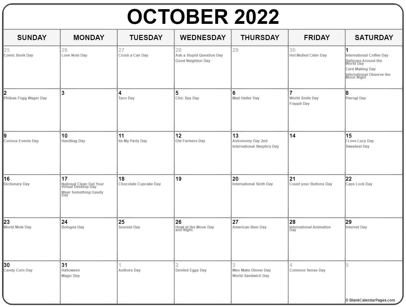 October 2022 With Holidays Calendar  October 2022 Calendar Printable
