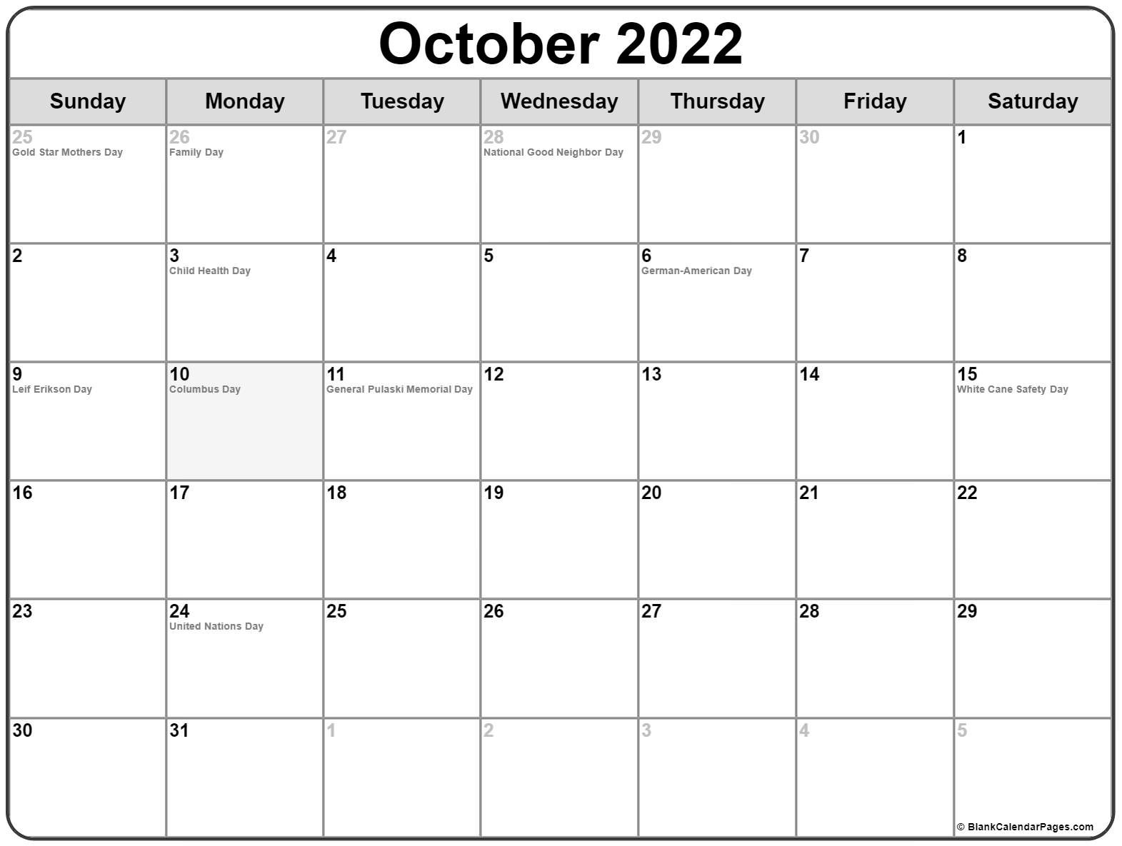 October 2022 With Holidays Calendar  Wiki Printable Calendar 2022