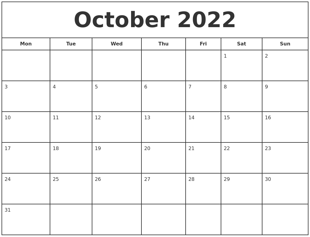 October Calendar For 2022 - July Calendar 2022  Blank October 2022 Calendar Printable