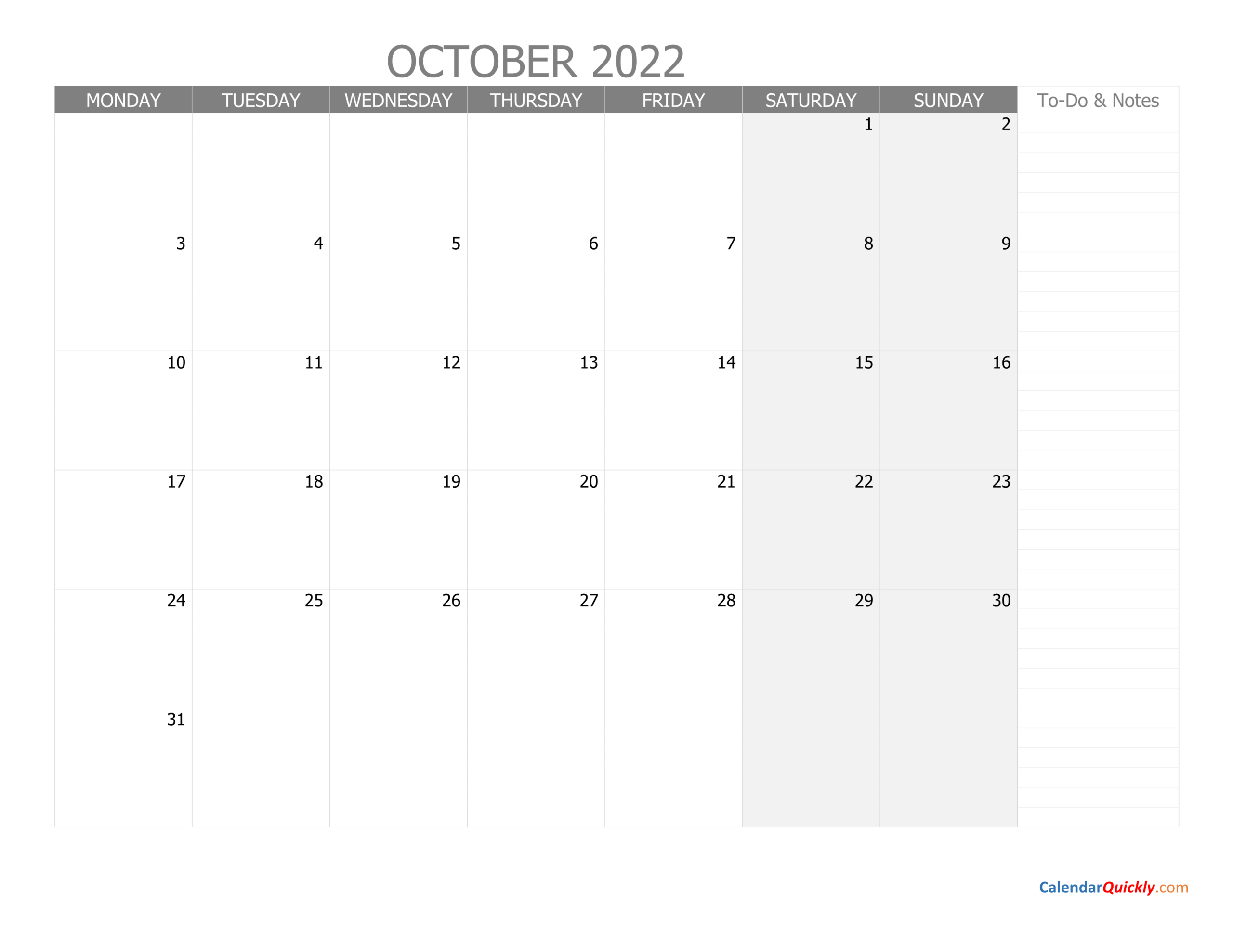 October Monday Calendar 2022 With Notes | Calendar Quickly  Free Printable Calendar 2022 Starting Monday