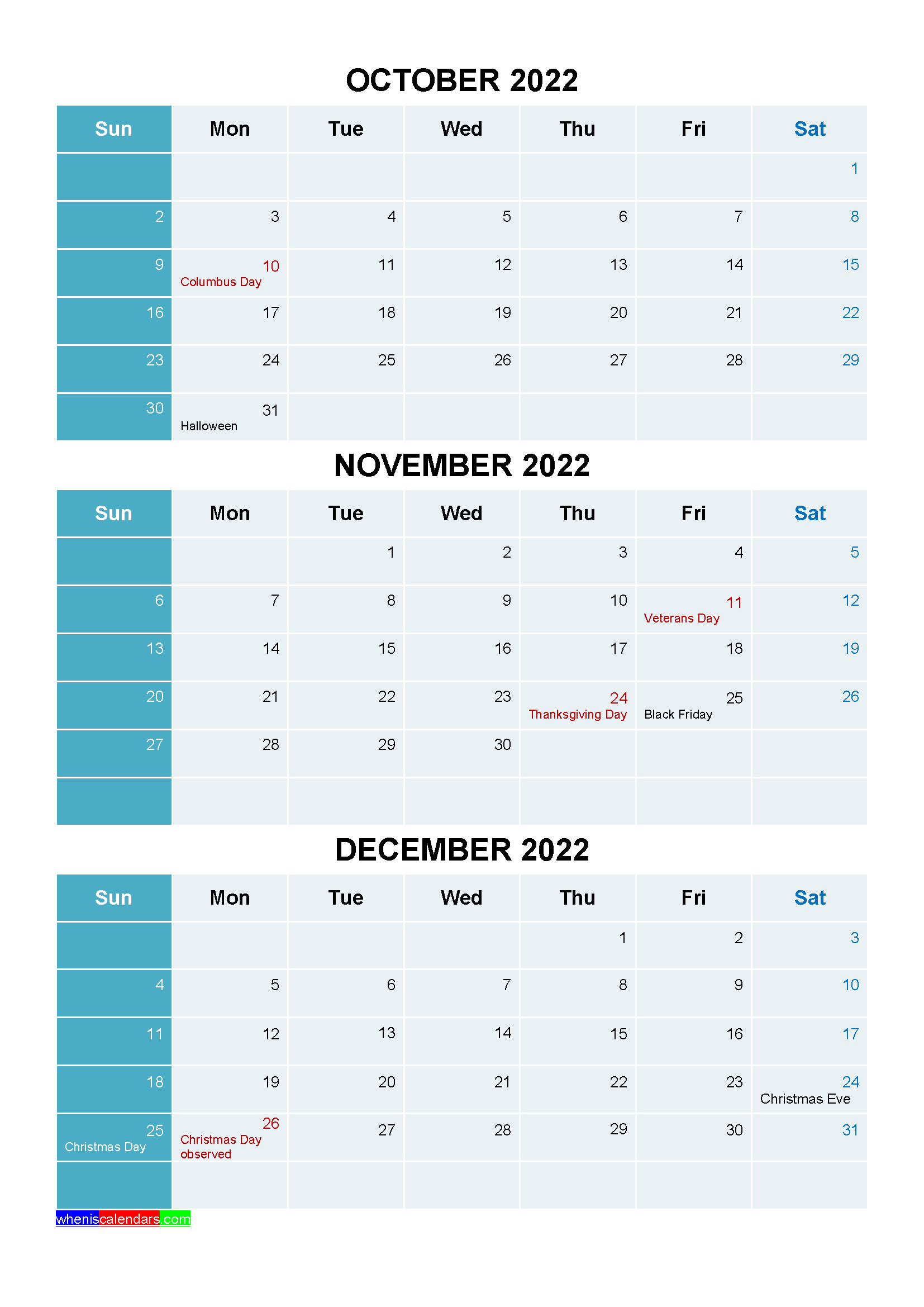 October November December 2022 Calendar With Holidays  November December January 2022 Calendar