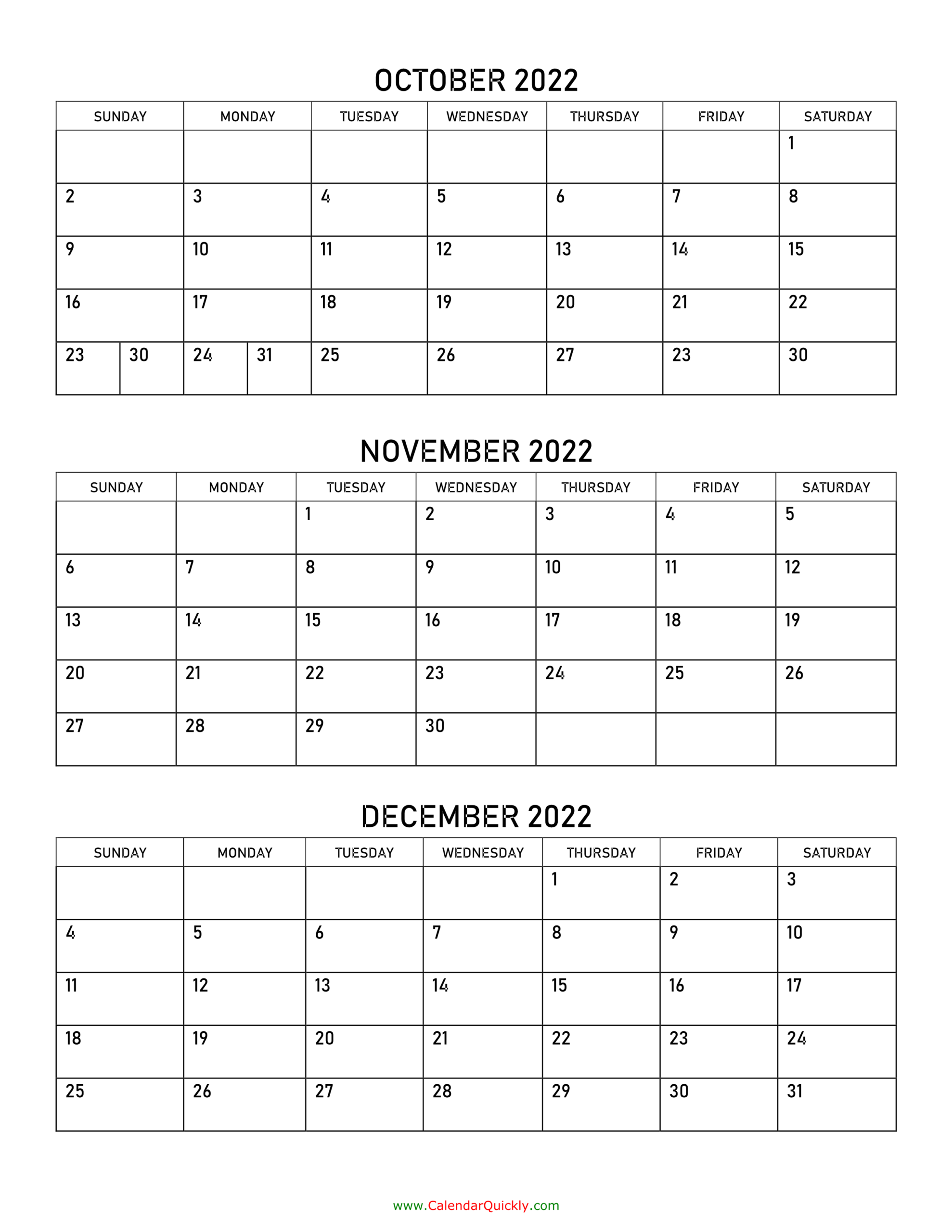 October To December 2022 Calendar | Calendar Quickly  Calendar December 2022 January 2022 Excel
