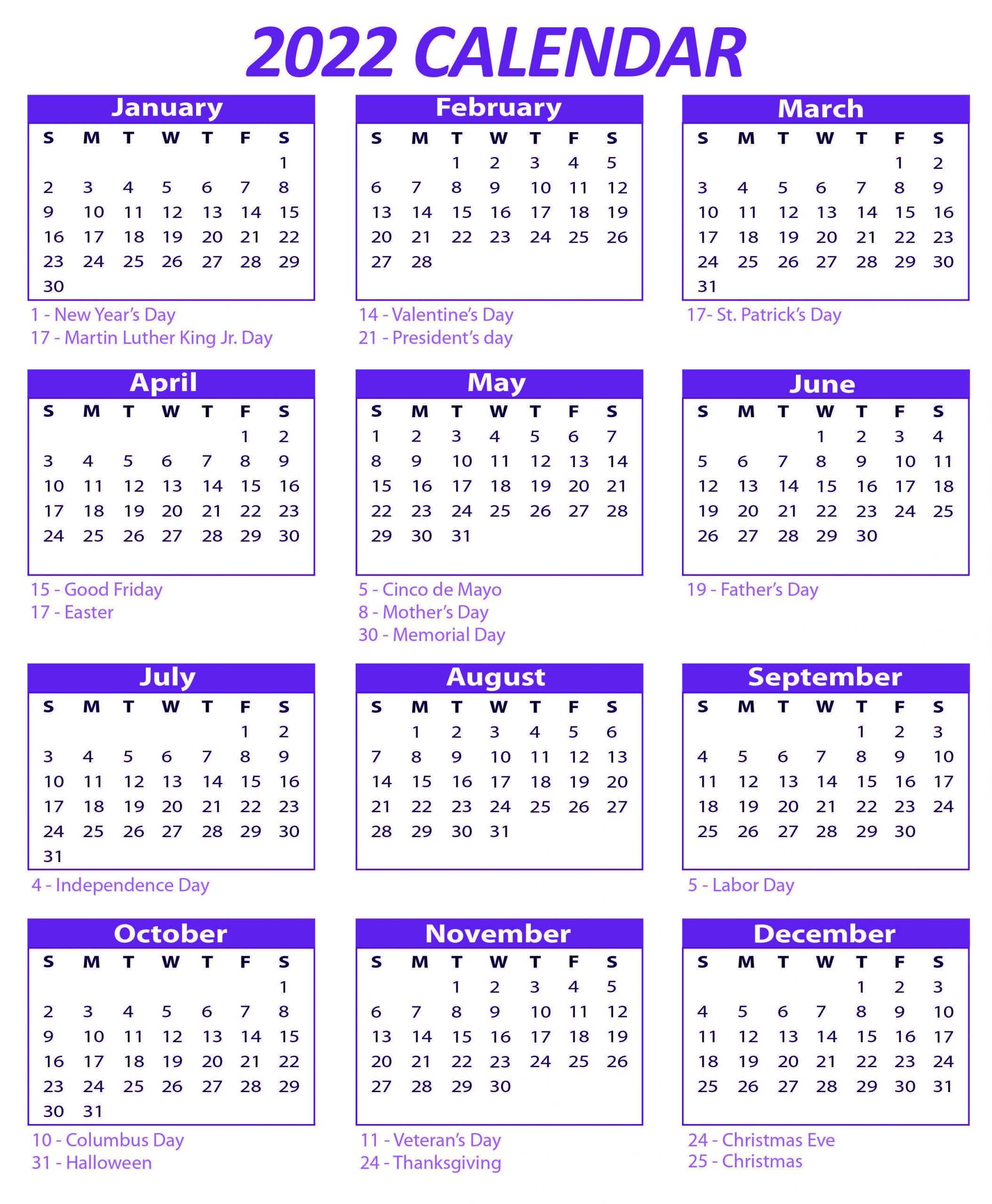 One Page 2022 Calendar Printable Download - Calendar 2022  Annual Calendar For 2022