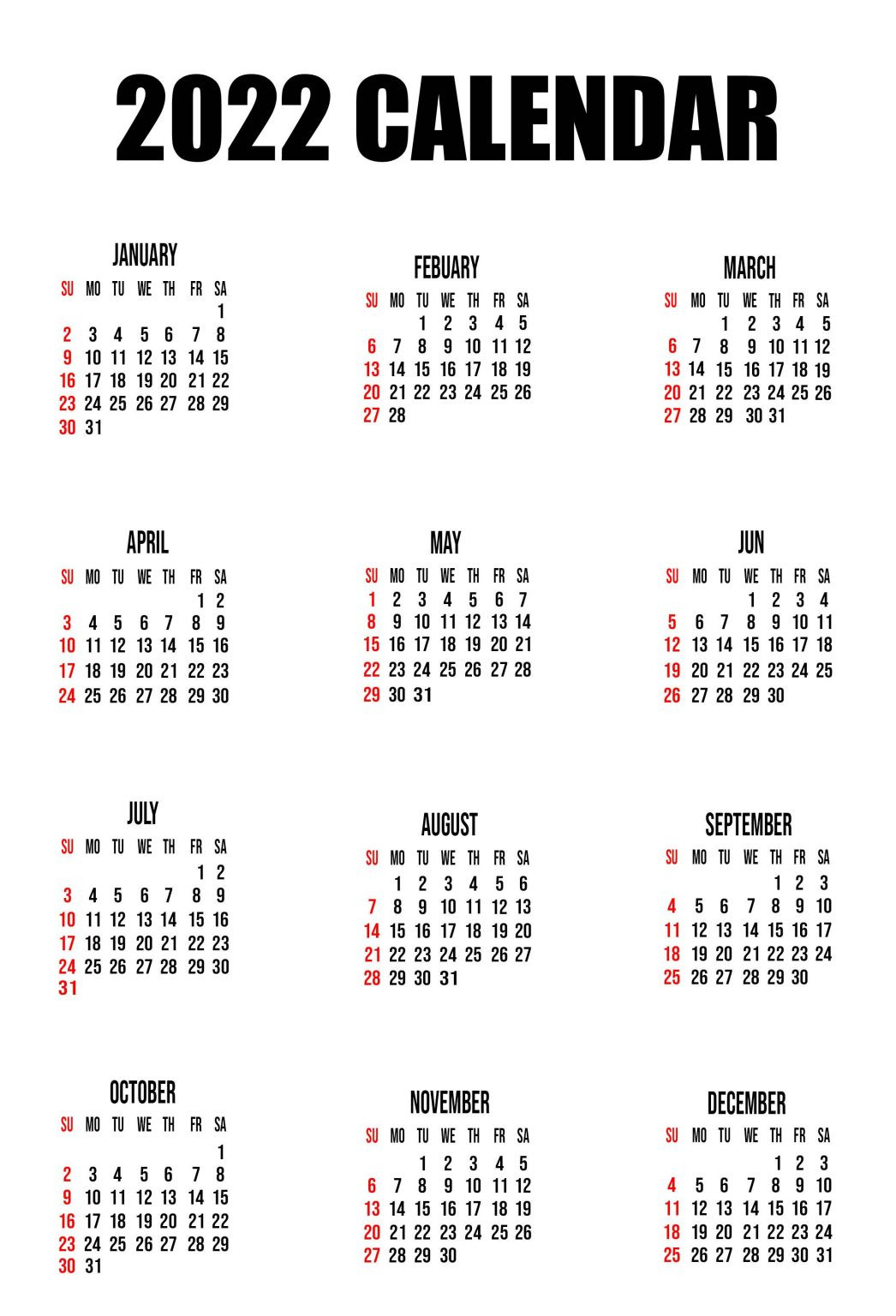 One Page 2022 Calendar Printable Download - Calendar 2022  Free Printable Whole Year Calendar 2022